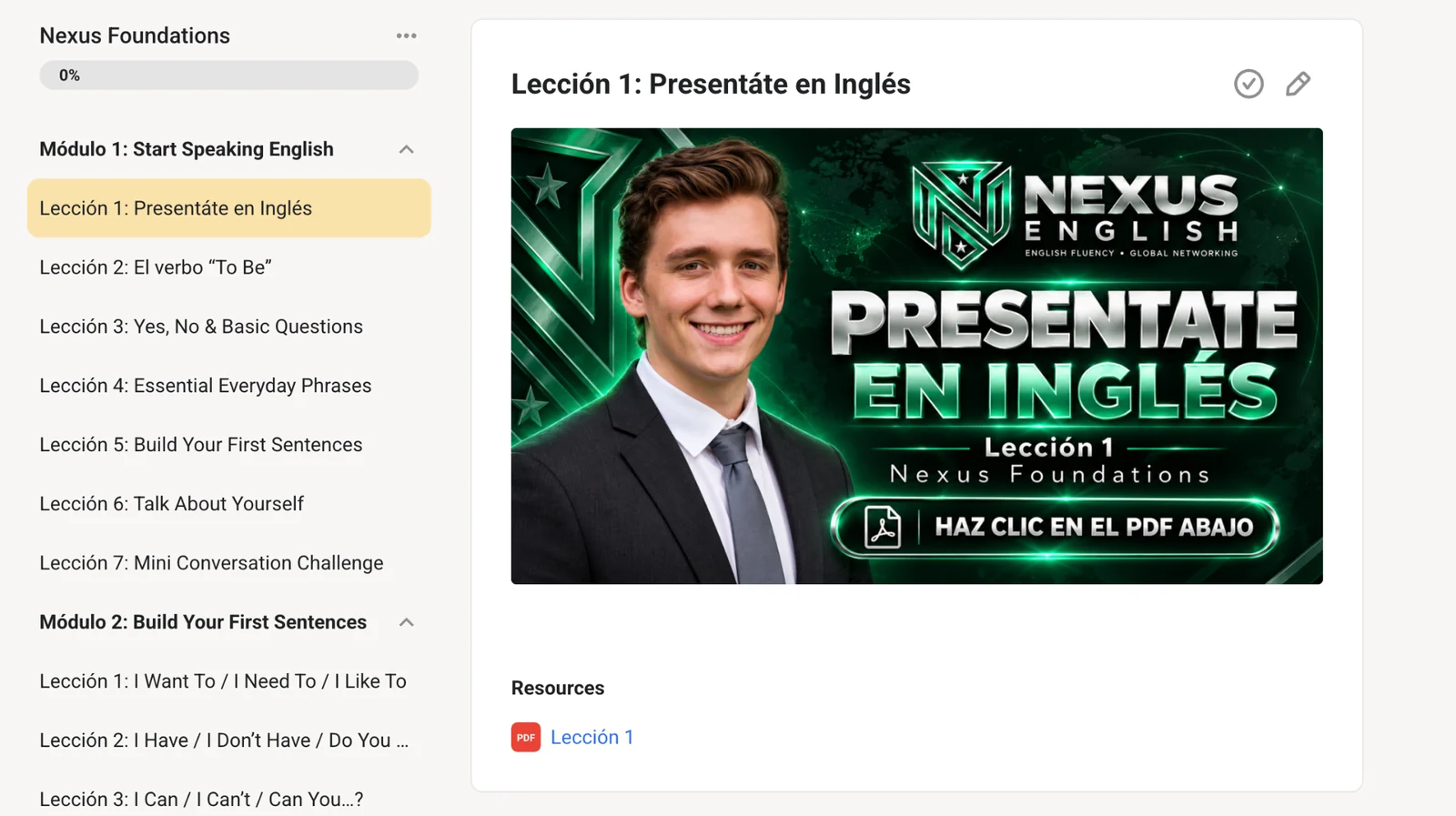 Interior del curso Nexus Foundations con lecciones para principiantes